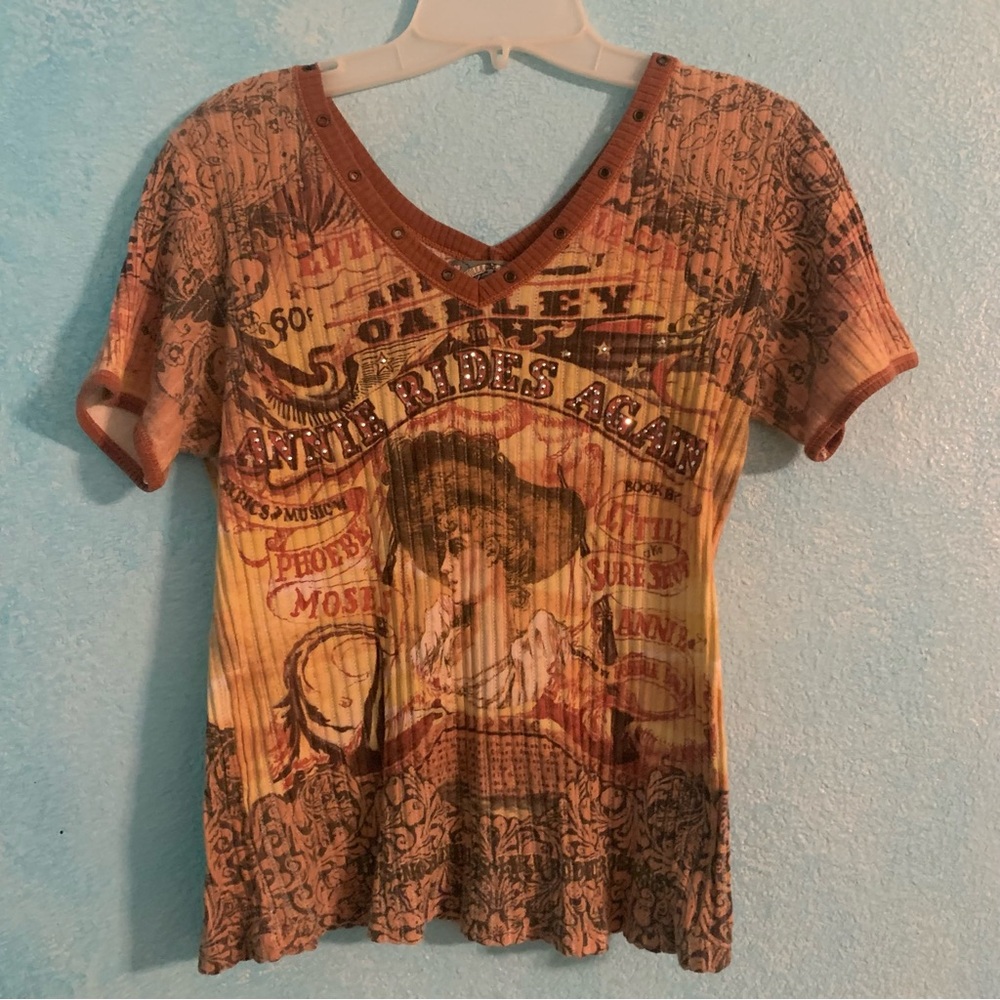 Vintage Rare Graphic Rhinestone VNeck Short Sleeve Stretchy y2k all over print